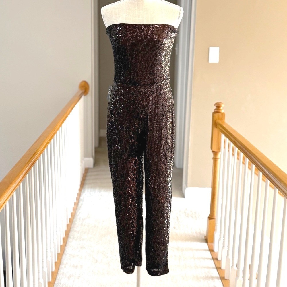 Express Sequin Strapless Straight Leg Jumpsuit Deep Espresso Brown Size M NWT - Picture 3 of 14